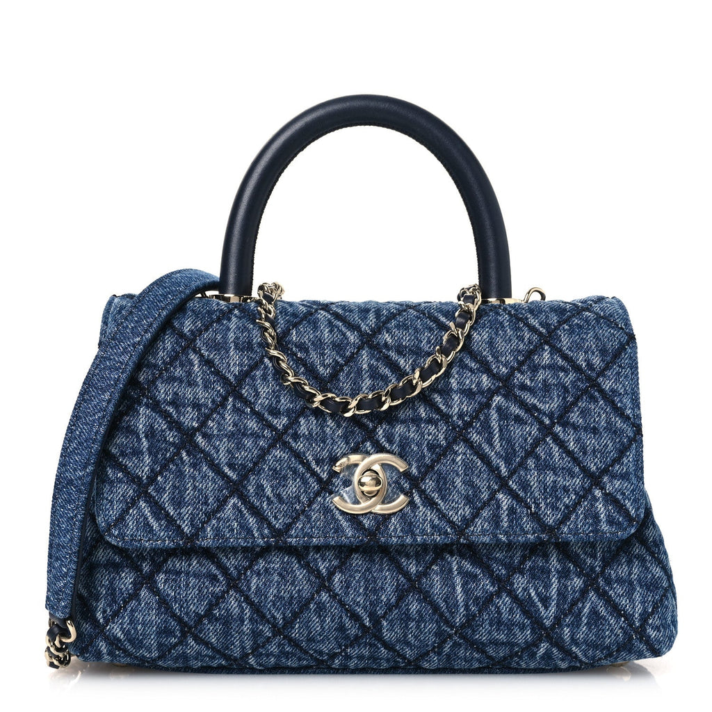 Washed Denim Quilted Mini Coco Handle Flap Blue