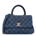 Washed Denim Quilted Mini Coco Handle Flap Blue