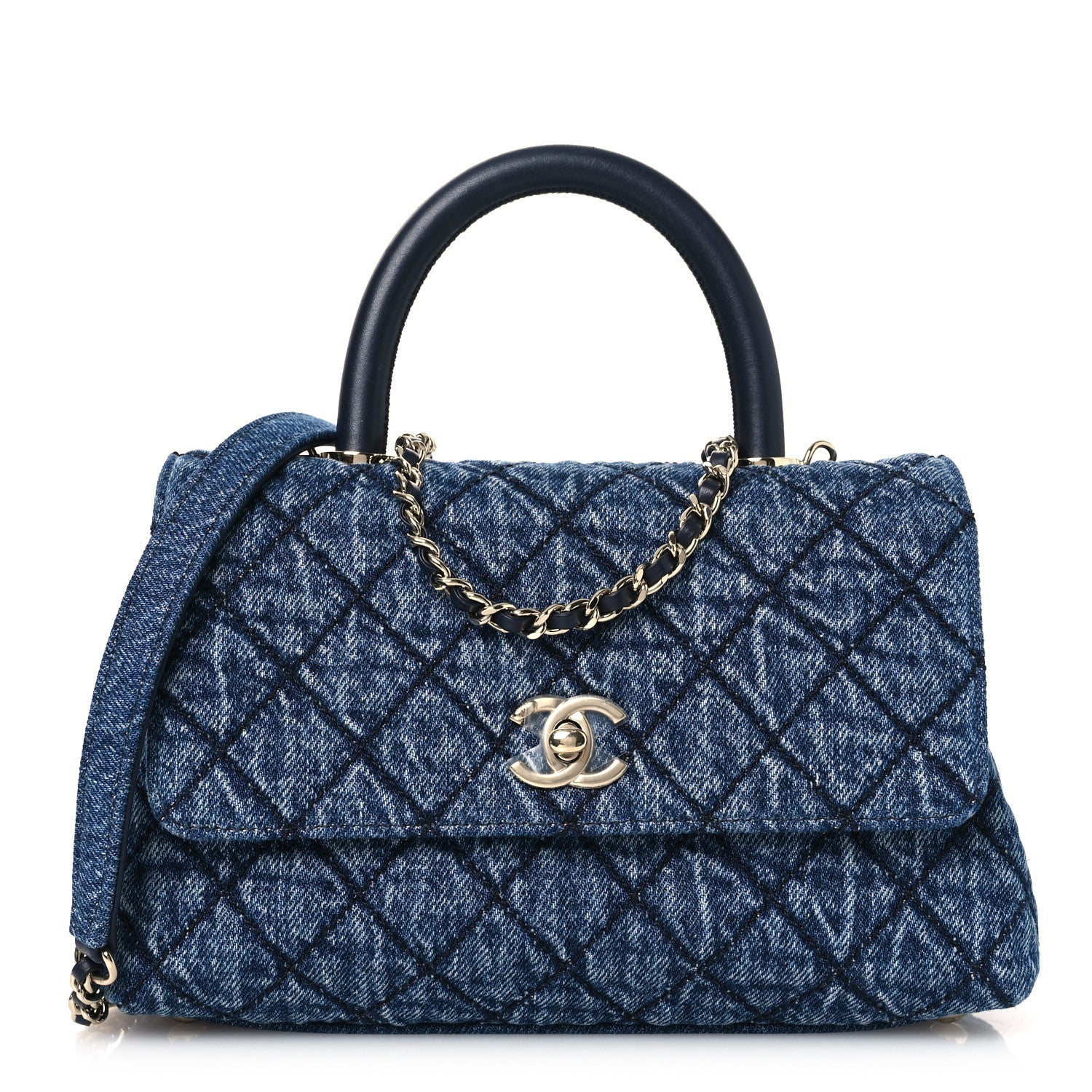 Washed Denim Quilted Mini Coco Handle Flap Blue