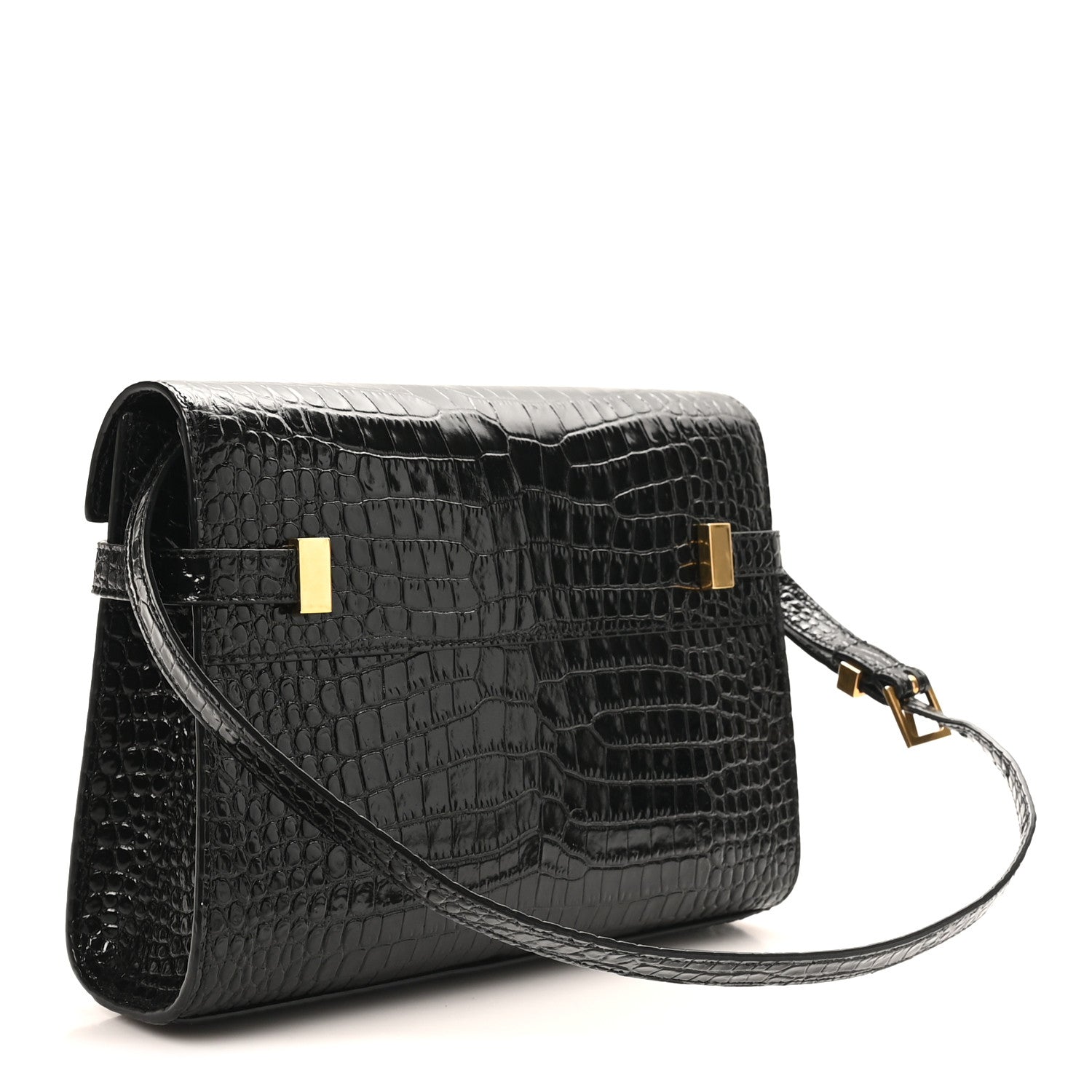 Shiny Calfskin Crocodile Embossed Small Manhattan Baguette Black