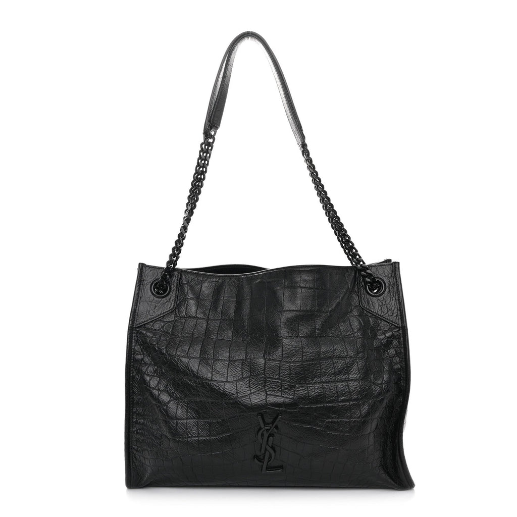 Calfskin Crocodile Embossed Monogram Medium Niki Shopping Bag Black