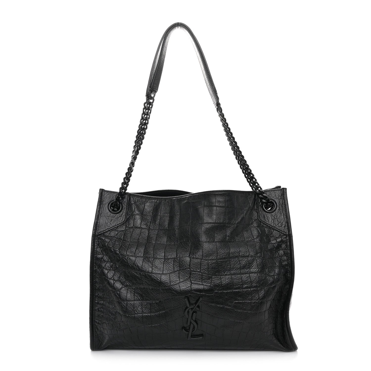 Calfskin Crocodile Embossed Monogram Medium Niki Shopping Bag Black