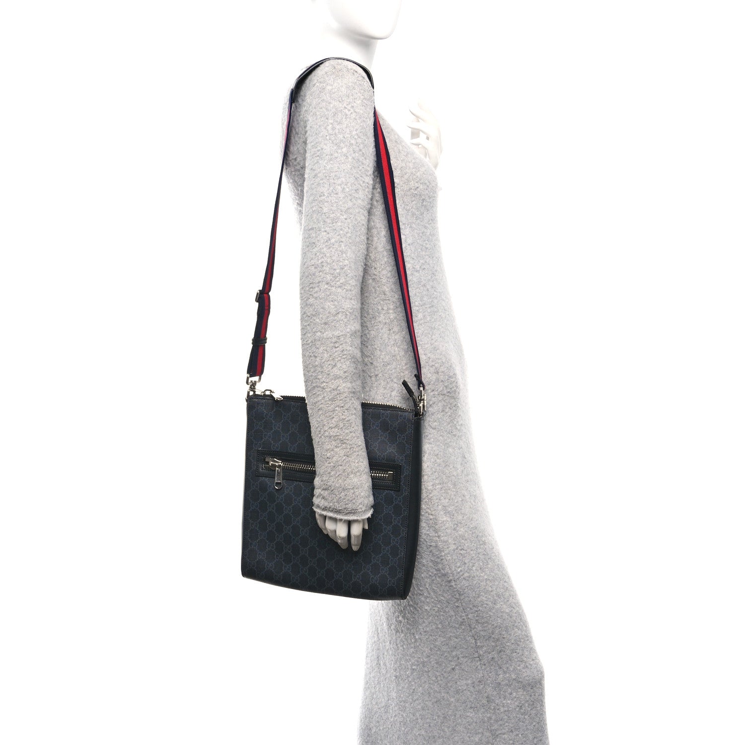 GG Supreme Monogram Appia Calfskin Web Flat Messenger Bag Black Grey