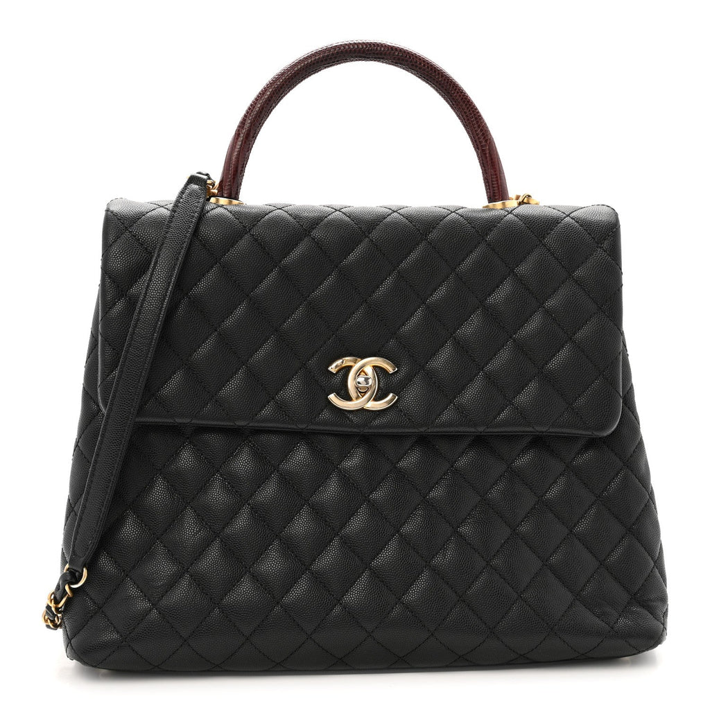 Caviar Lizard Quilted Large Coco Handle Flap Black