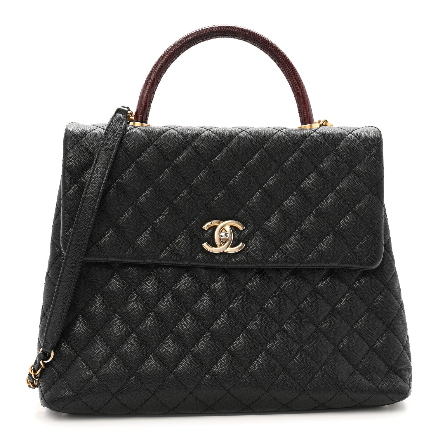 Caviar Lizard Quilted Large Coco Handle Flap Black
