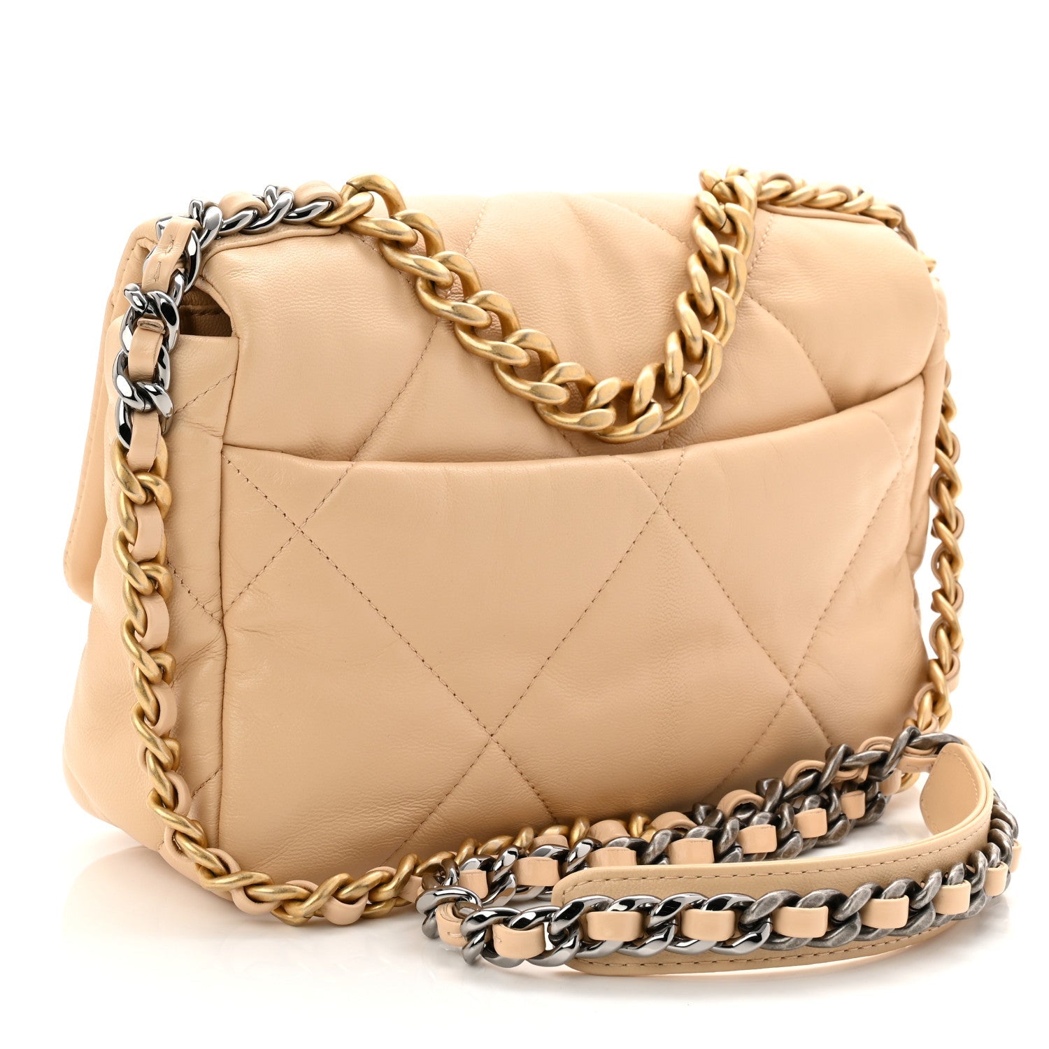Shiny Goatskin Quilted Medium Chanel 19 Flap Beige