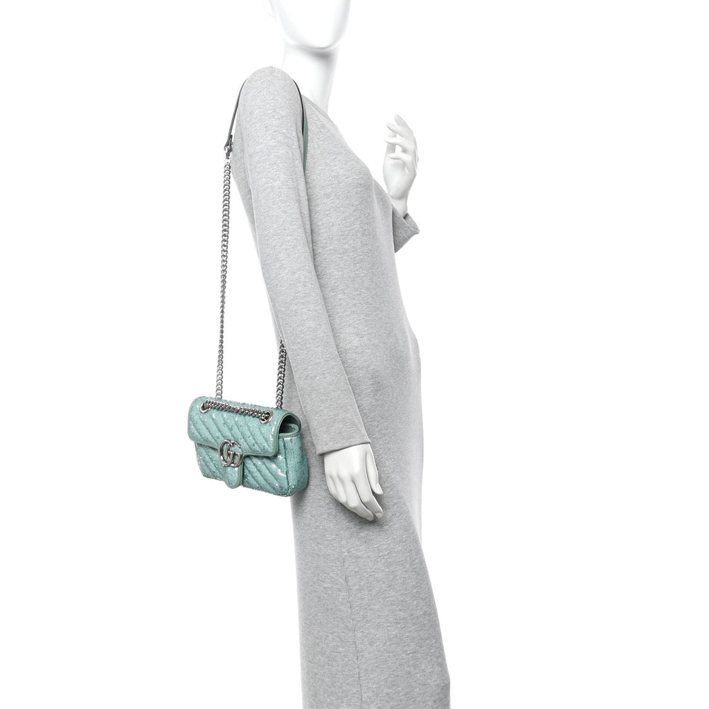 Sequin Matelasse Mini GG Marmont Shoulder Bag Water Green Verde Chiaro Light Water Green