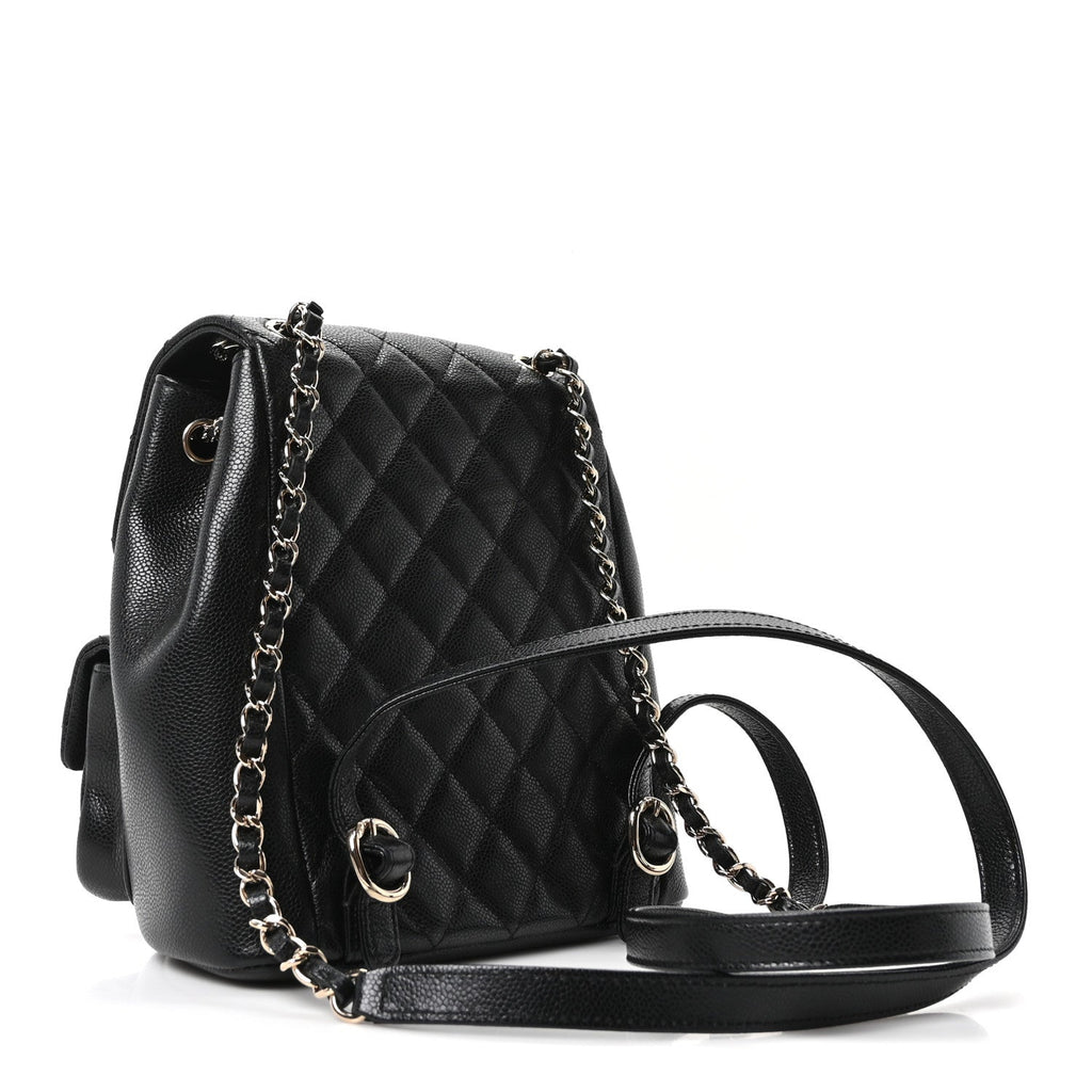 Shiny Caviar Quilted Medium Duma Pockets Drawstring Backpack Black