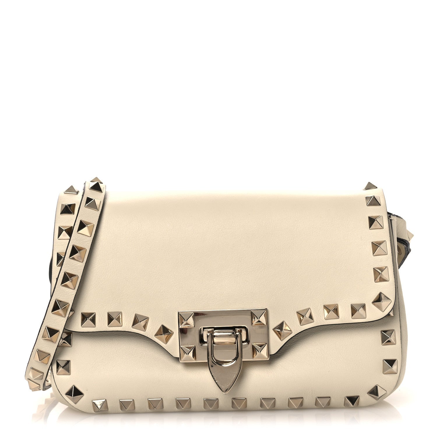 Vitello Small Rockstud Flip Lock Crossbody Bag Light Ivory