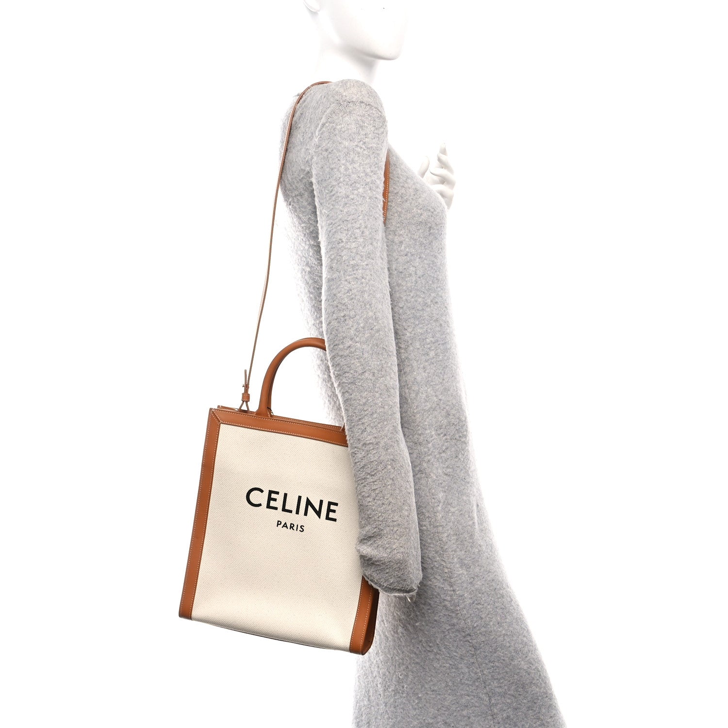 Canvas Calfskin Logo Print Small Vertical Cabas Natural Tan