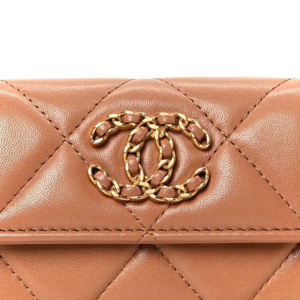 Lambskin Quilted Chanel 19 Flap  Holder Brown