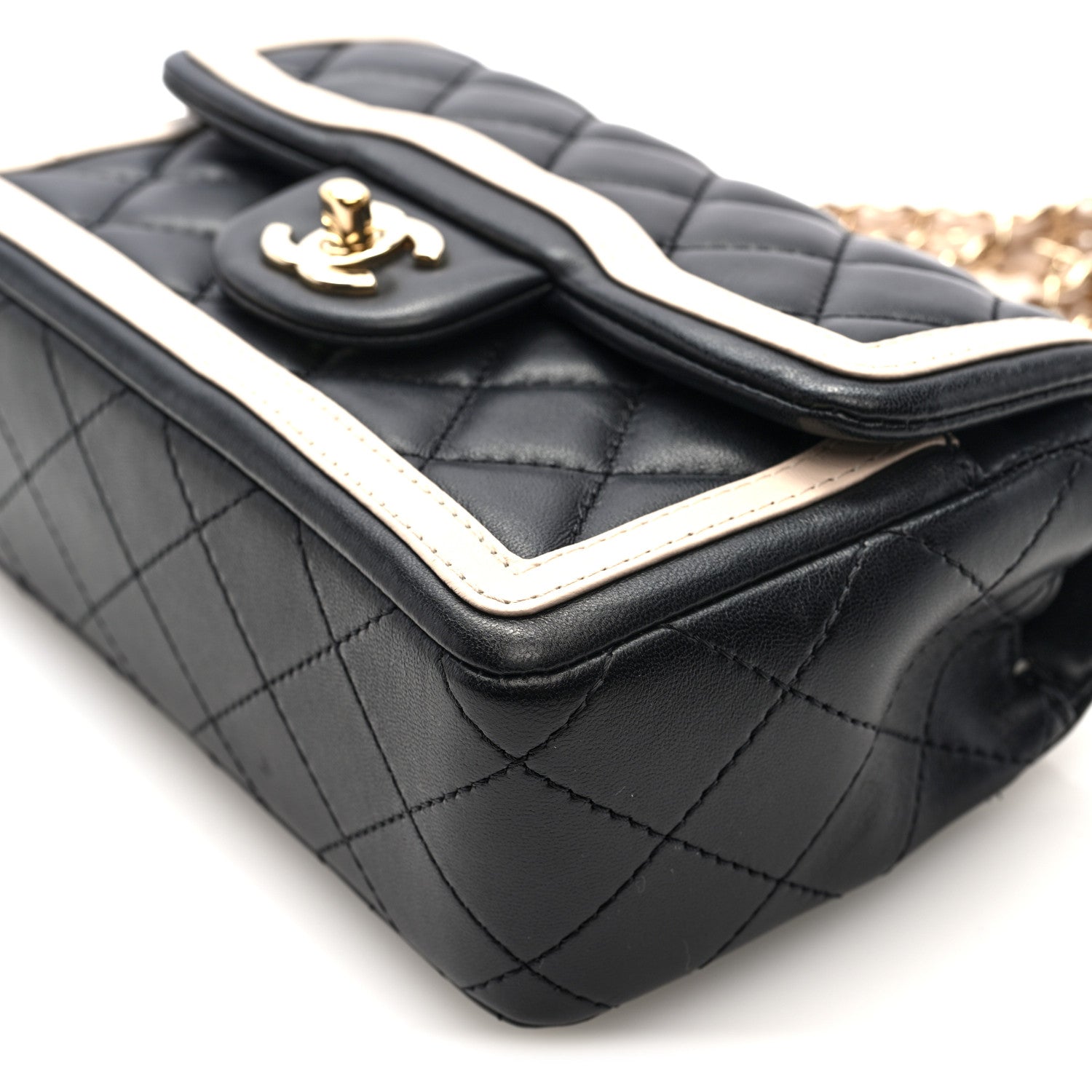 Shiny Lambskin Quilted Half Mini Flap Black Beige