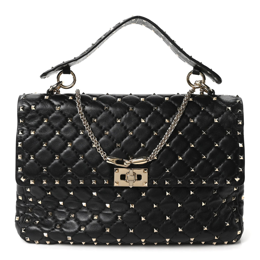 Craquele Nappa Large Rockstud Spike Shoulder Bag Black
