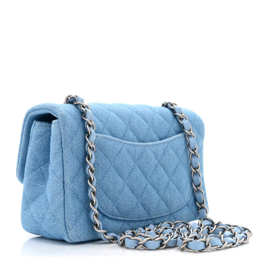 Denim Quilted Mini Rectangular Flap Blue