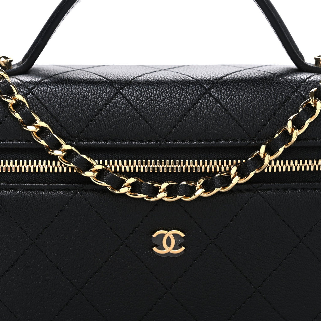 Goatskin Stitched Top Handle Slim Vanity With Chain Black