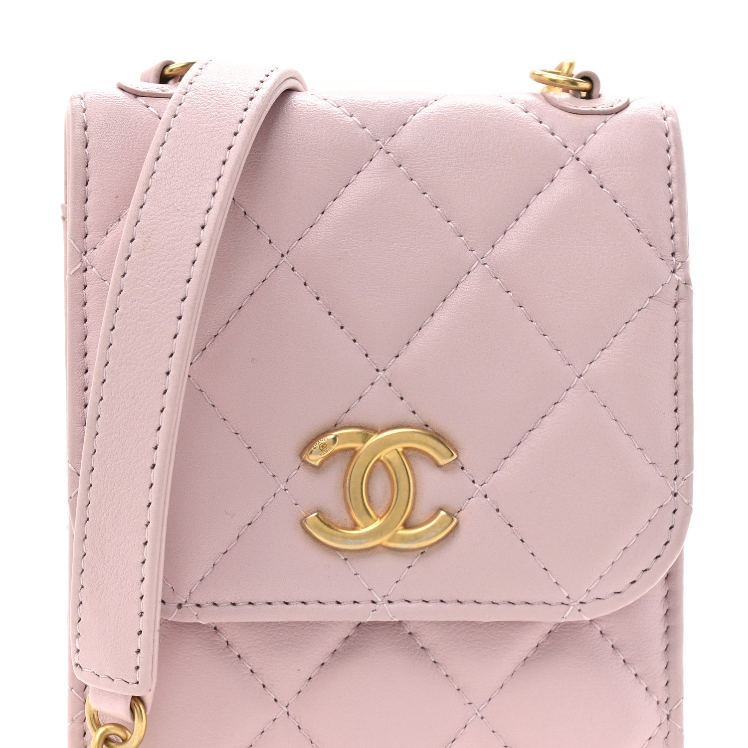 Lambskin Quilted Pearl Phone Holder With Chain Pink