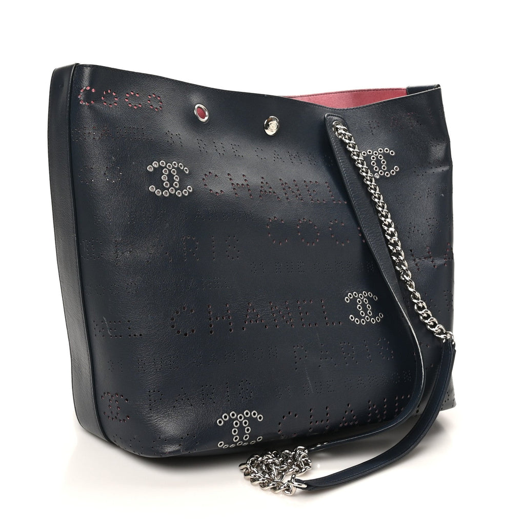 Calfskin Tweed Small Logo Eyelets Shopping Tote Navy Blue