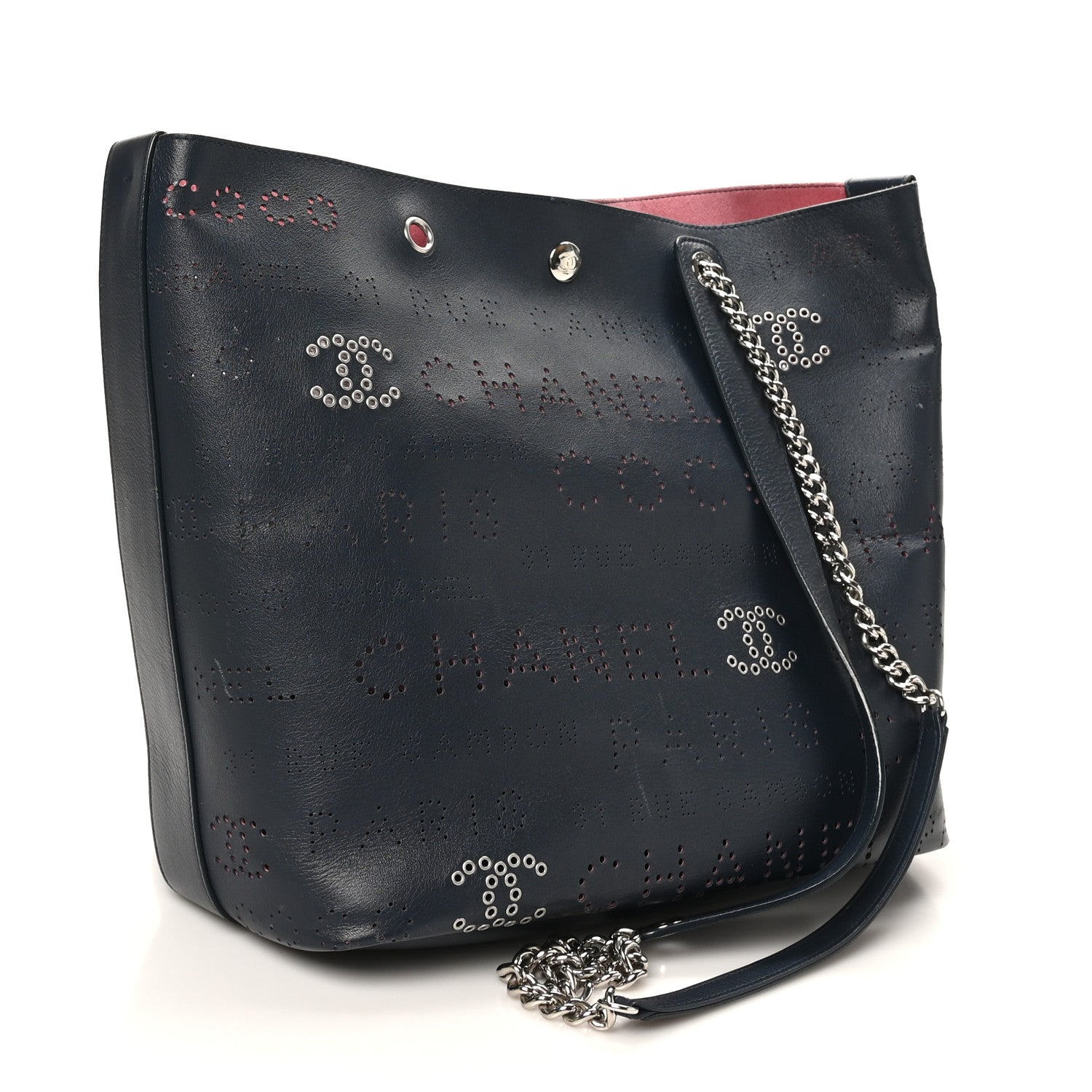 Calfskin Tweed Small Logo Eyelets Shopping Tote Navy Blue