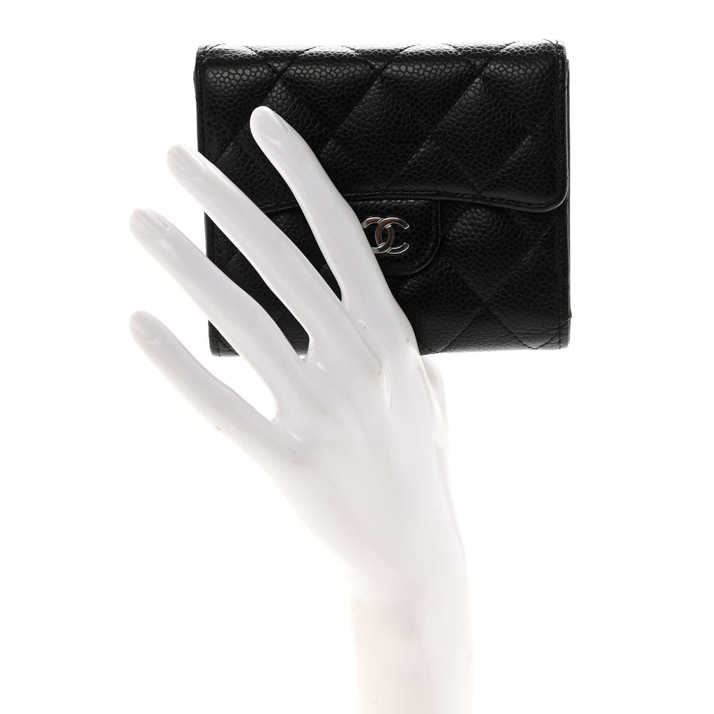 Caviar Quilted Compact Flap Wallet Black