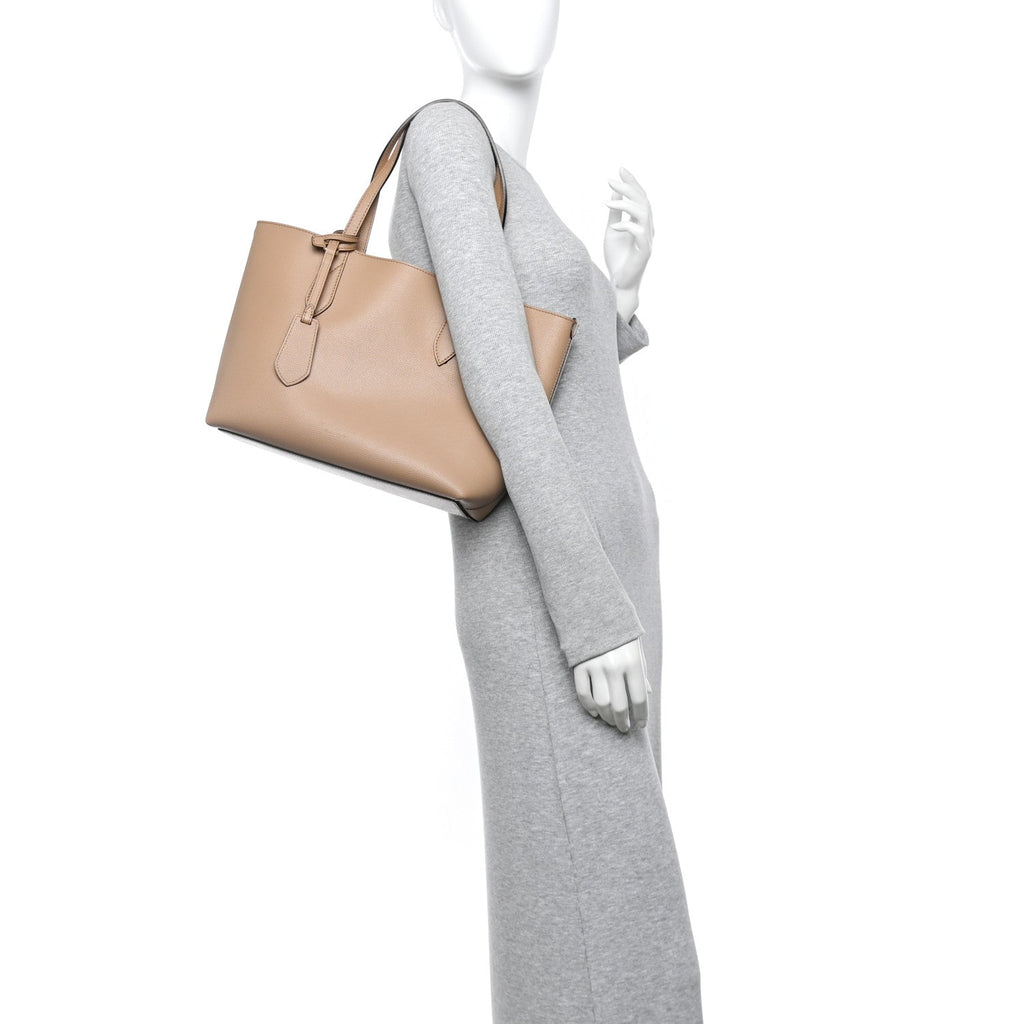 Grainy Calfskin Haymarket Check Small Reversible Tote Mid Camel