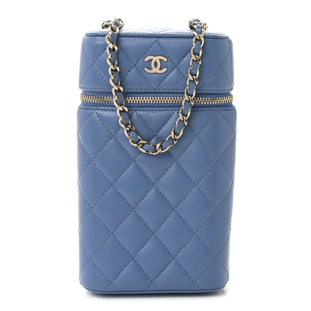 Caviar Quilted Phone Holder With Chain Blue