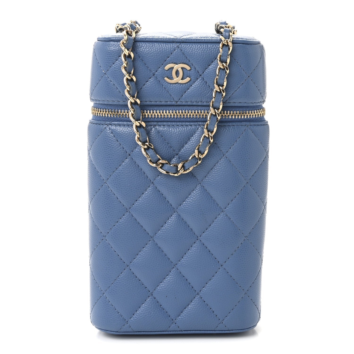 Caviar Quilted Phone Holder With Chain Blue
