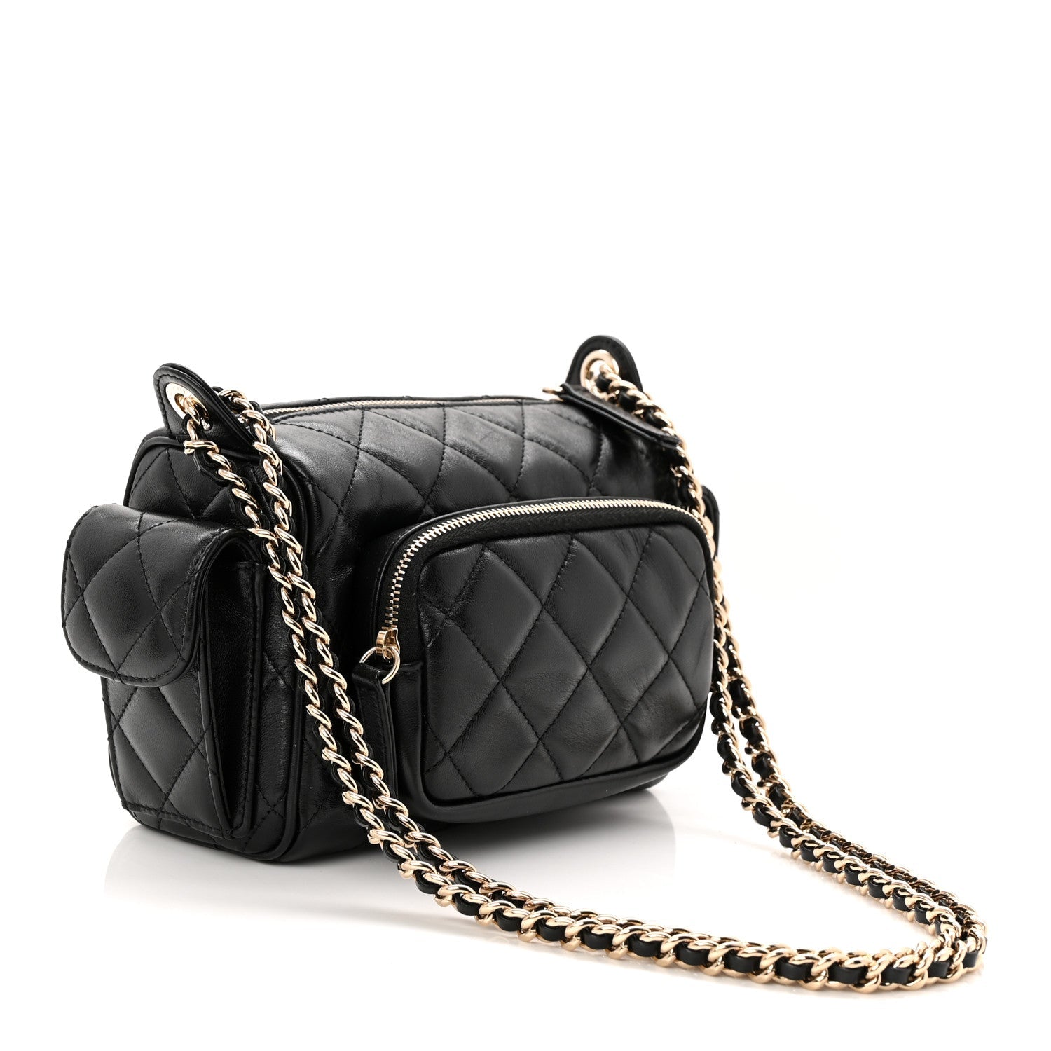 Shiny Crumpled Lambskin Quilted Small Preppy Pocket Camera Case Black