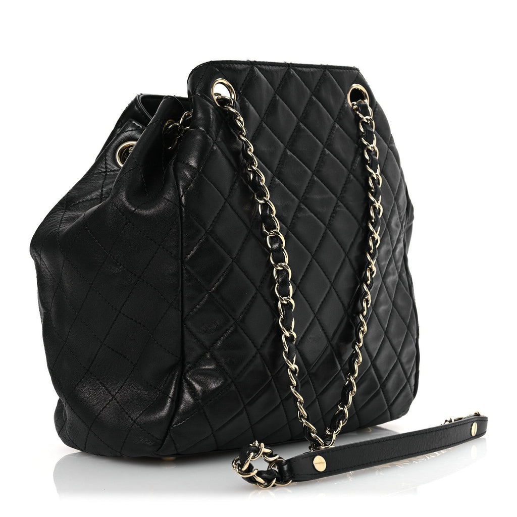 Lambskin Quilted Drawstring Bag Black