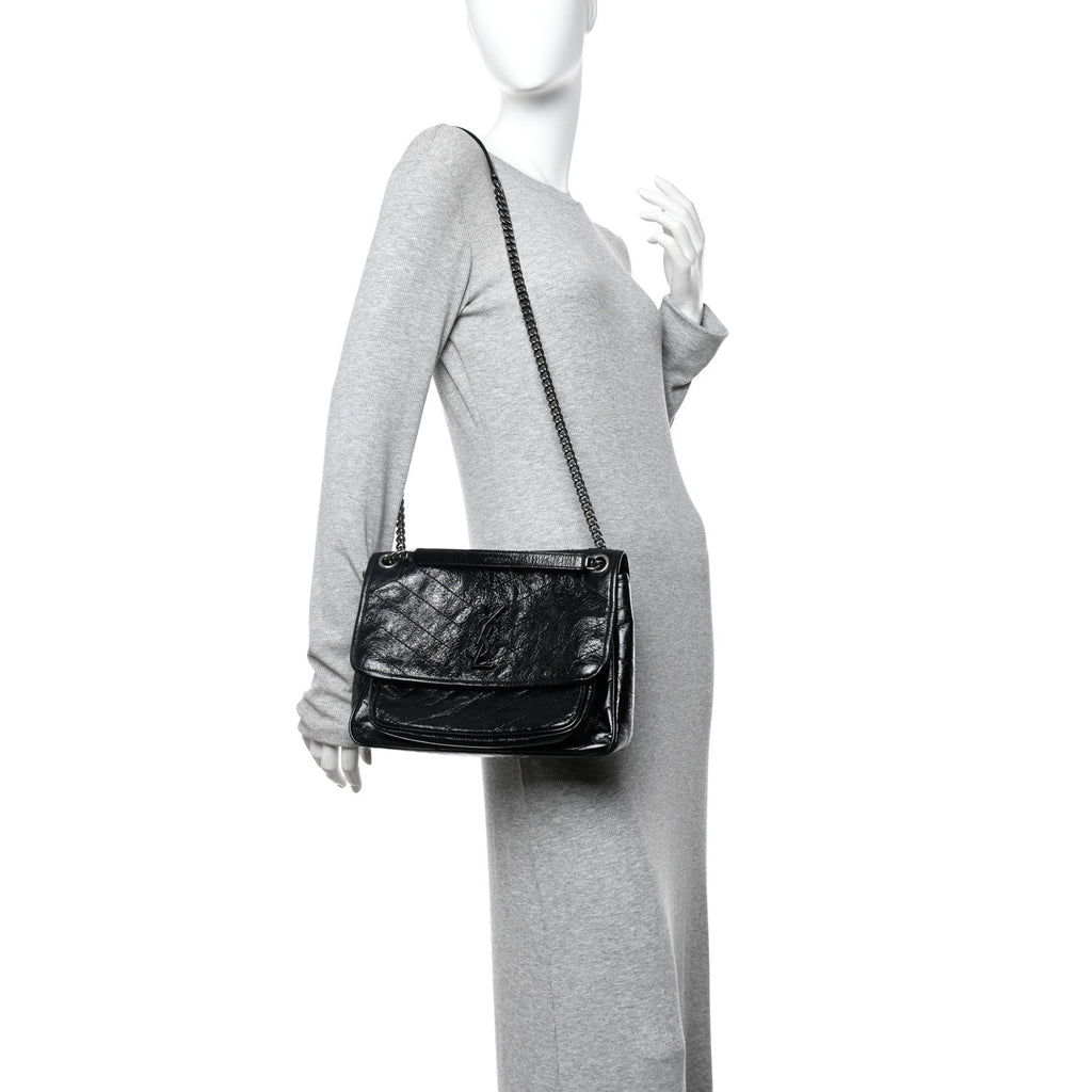 Crinkled Calfskin Matelasse Monogram Medium Niki Chain Satchel Black