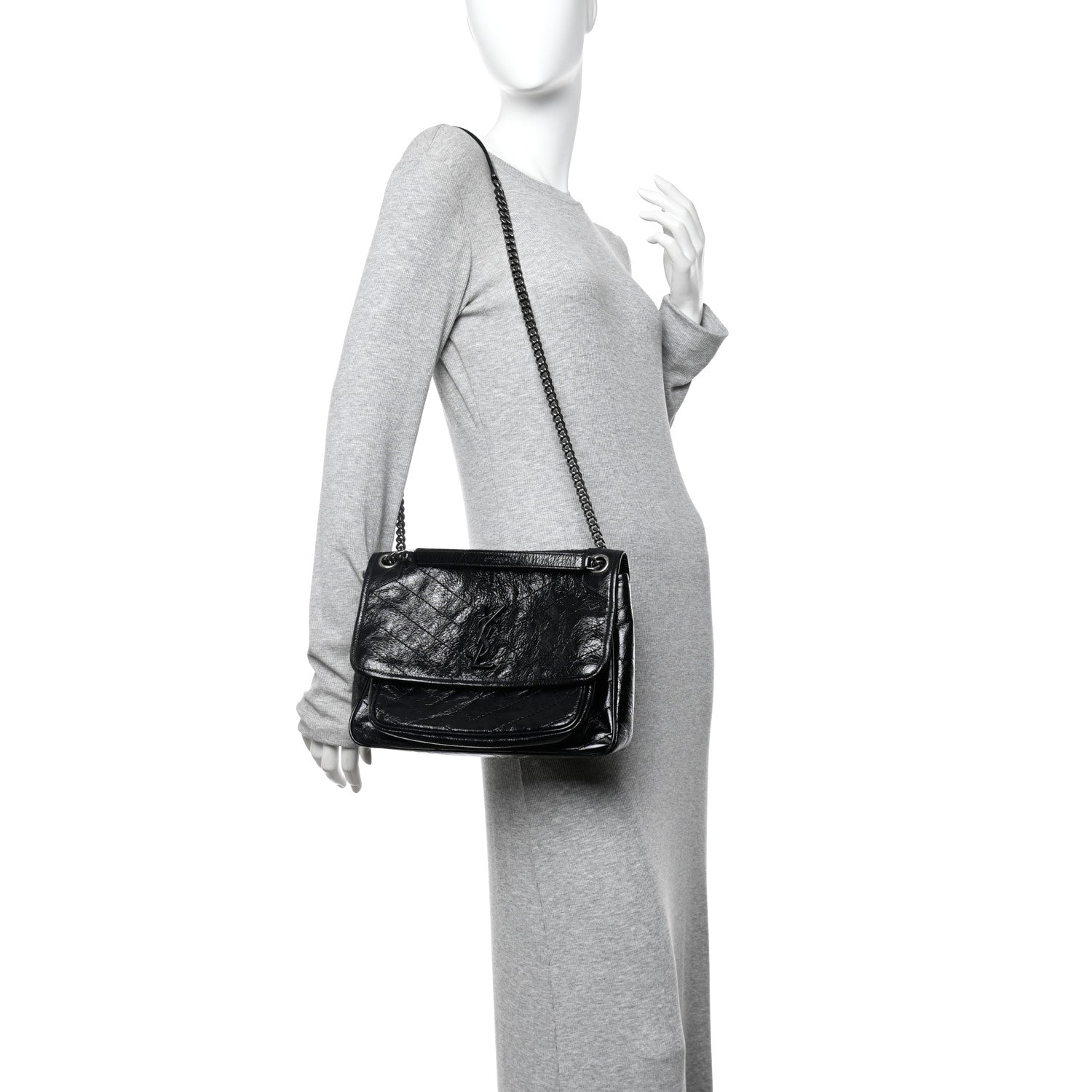 Crinkled Calfskin Matelasse Monogram Medium Niki Chain Satchel Black