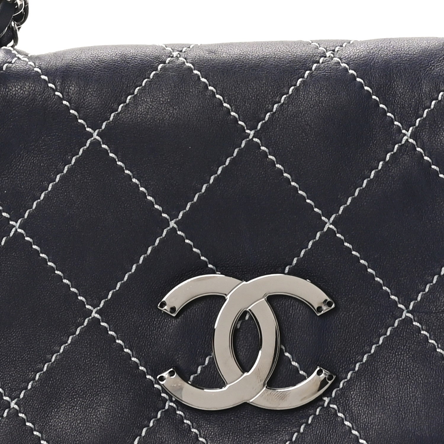 Lambskin Contrast Stitch Small Surpique Accordion Flap Navy