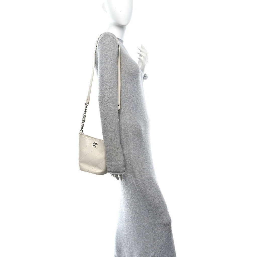 Crumpled Calfskin Bucket Bag White