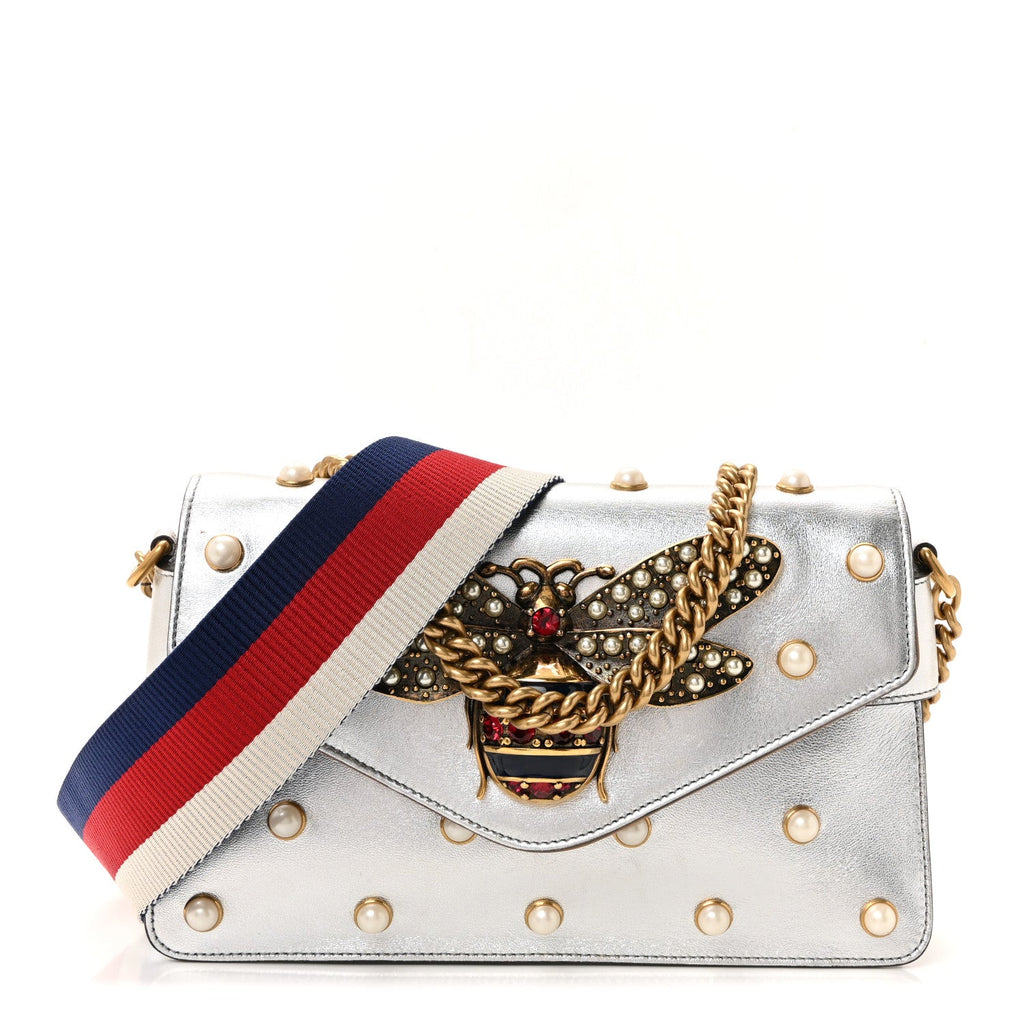 Metallic Nappa Pearl Studded Mini Queen Margaret Broadway Shoulder Bag Silver