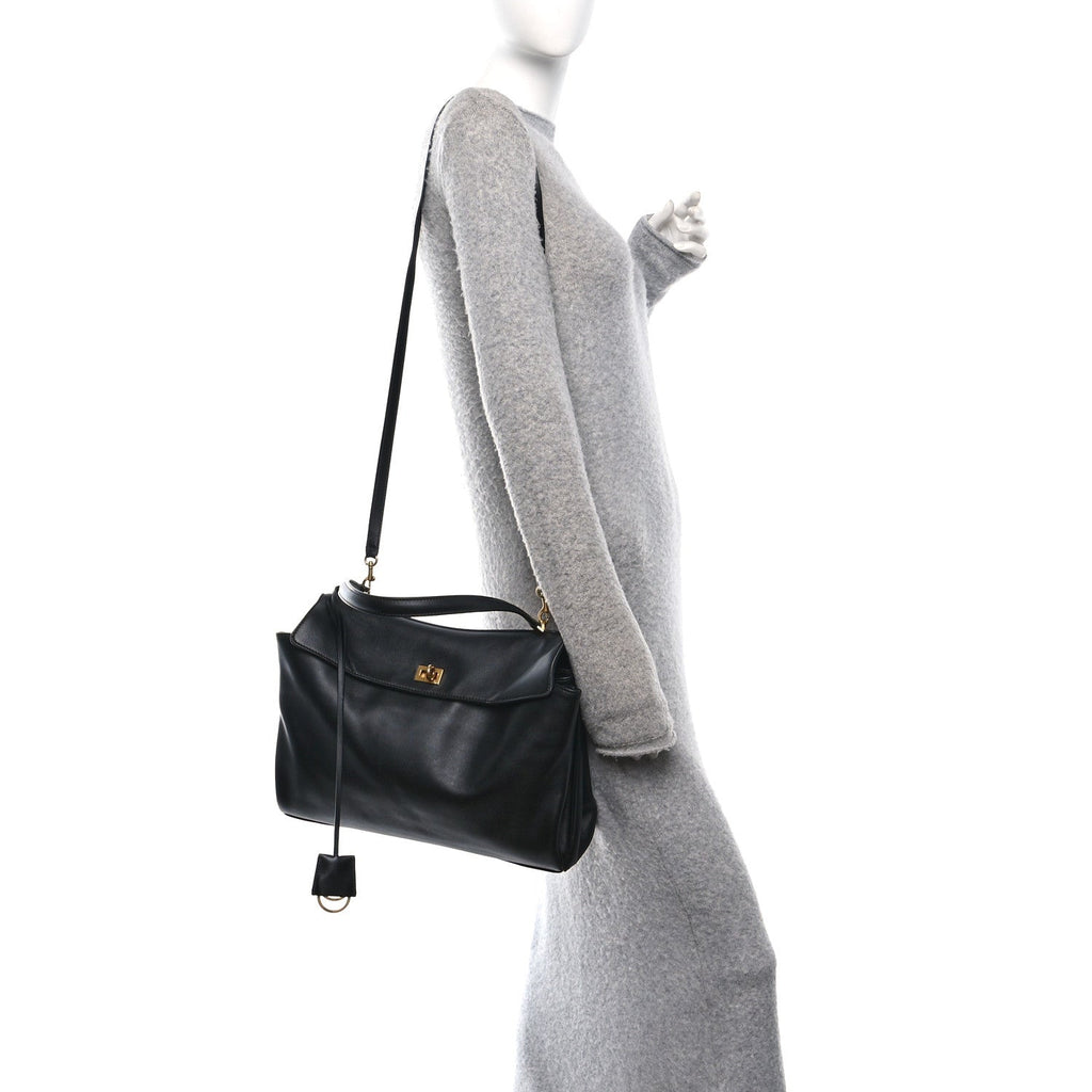 Natural Smooth Calfskin Medium Rodeo Top Handle Handbag Black