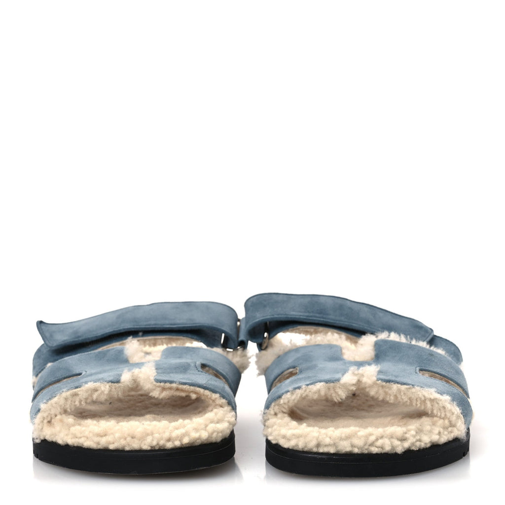 Suede Goatskin Woolskin Womens Chypre Sandals 38 Bleu Pinede Ecru