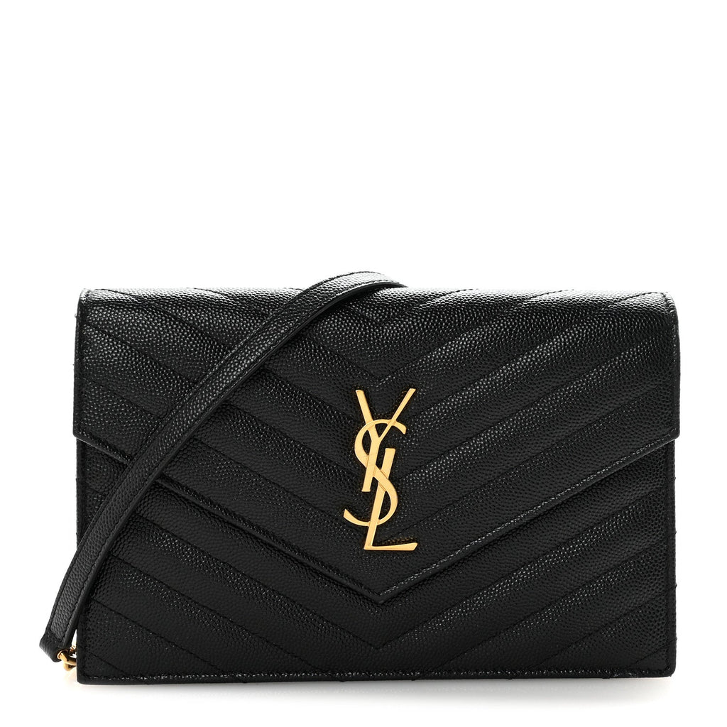 Grain De Poudre Matelasse Chevron Monogram Envelope Chain Wallet Black