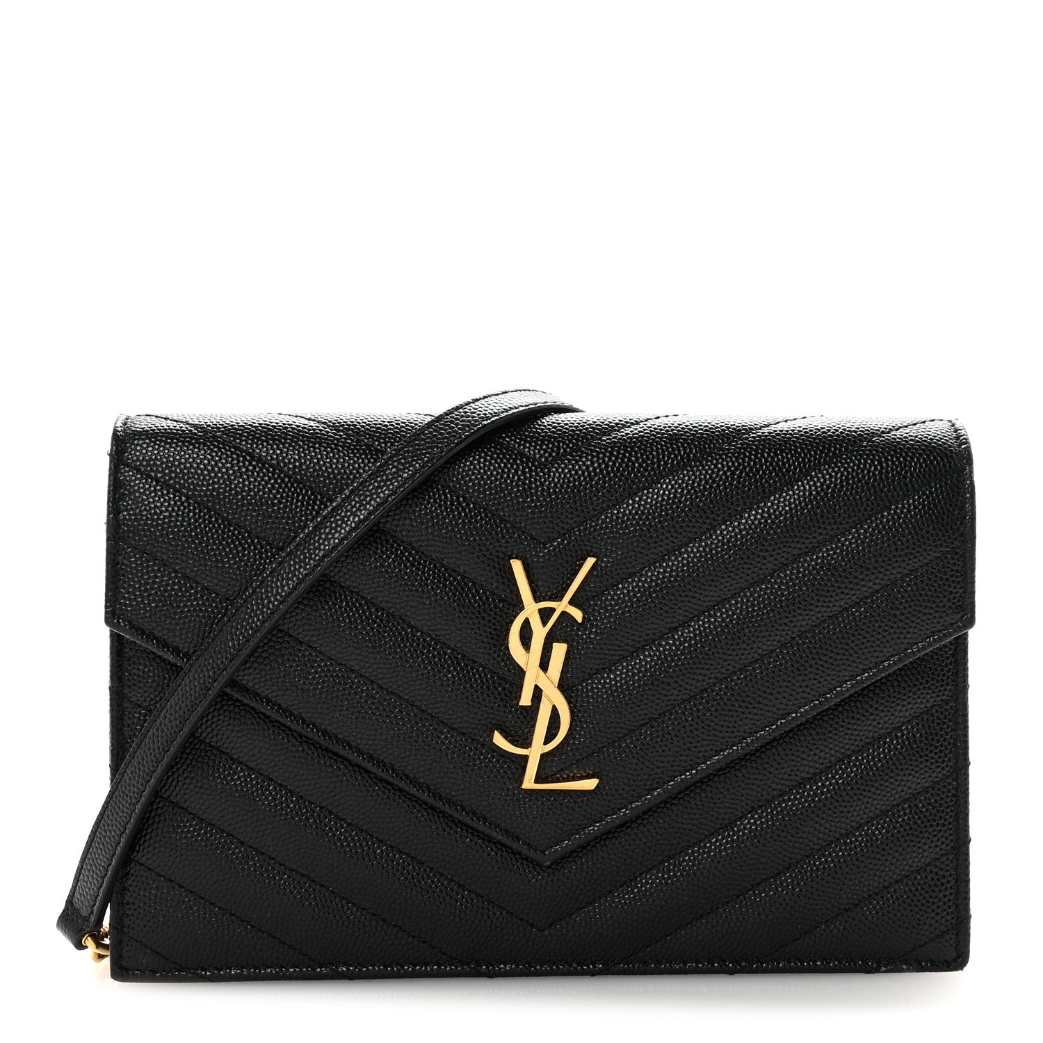 Grain De Poudre Matelasse Chevron Monogram Envelope Chain Wallet Black