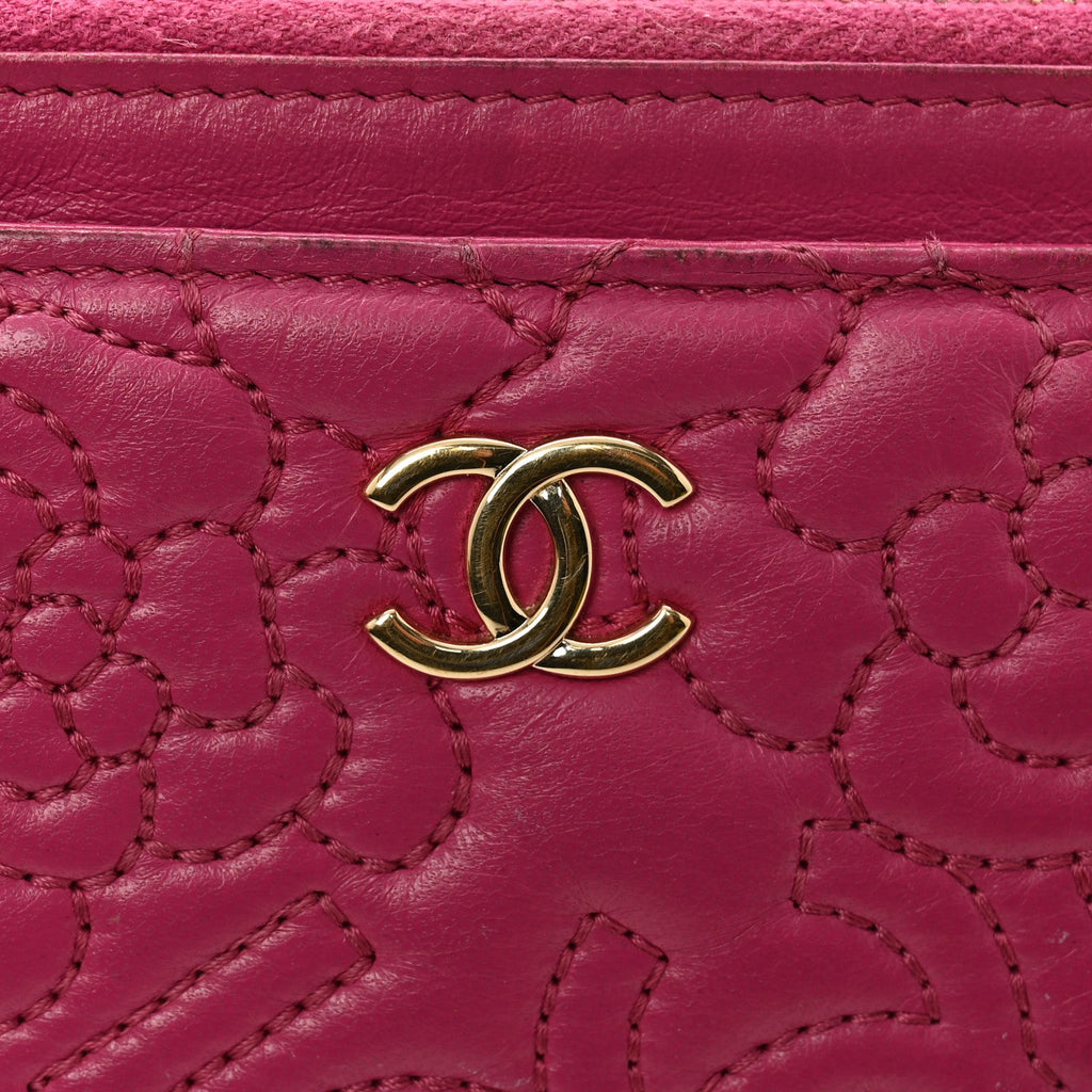 Lambskin Camellia Embossed Classic Zip Pouch Pink