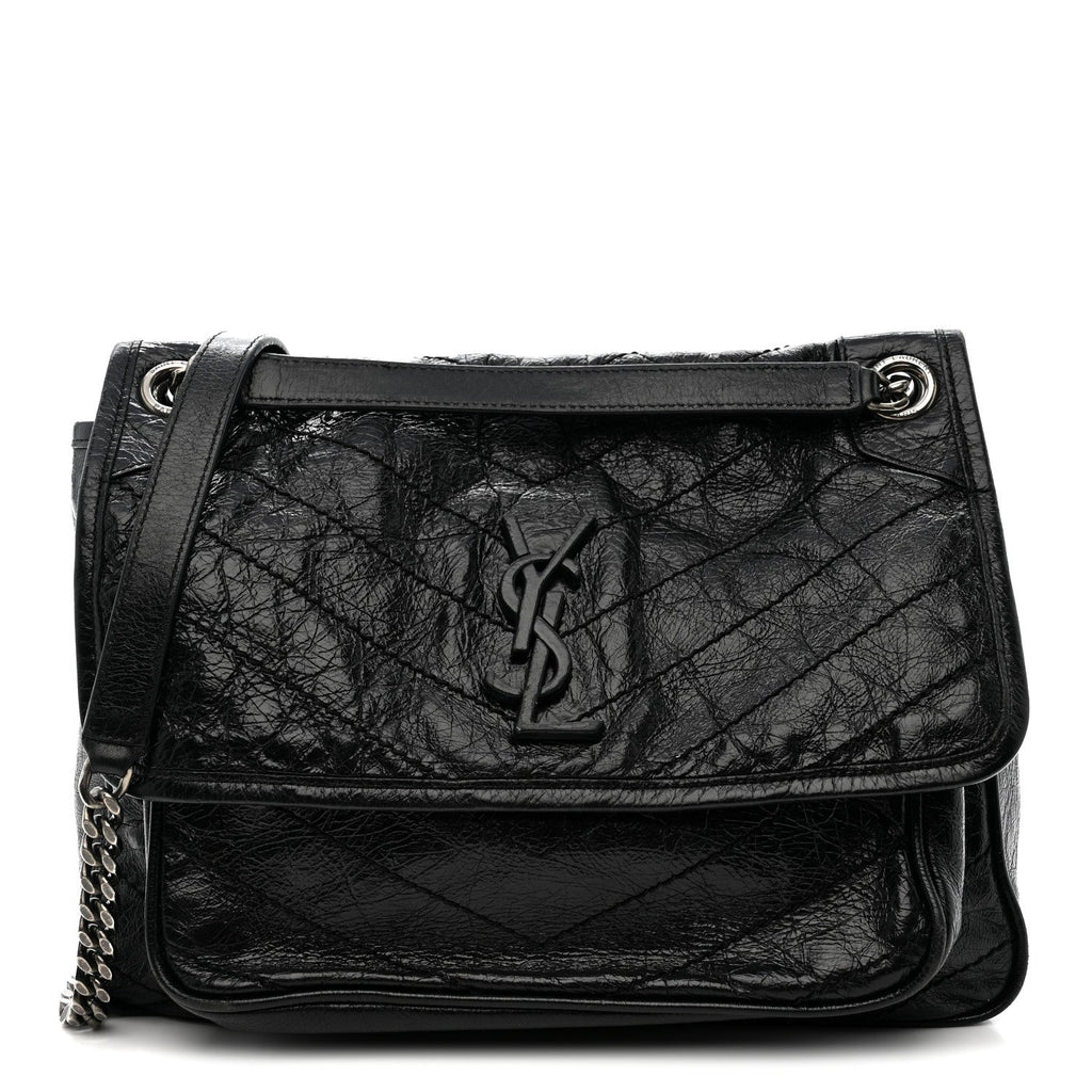 Crinkled Calfskin Matelasse Monogram Medium Niki Chain Satchel Black