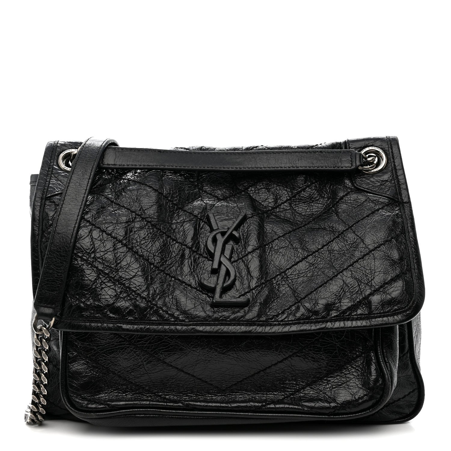 Crinkled Calfskin Matelasse Monogram Medium Niki Chain Satchel Black