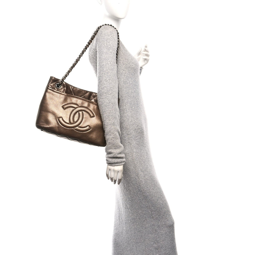 Metallic Caviar Quilted Large Timeless CC Soft Tote Bronze
