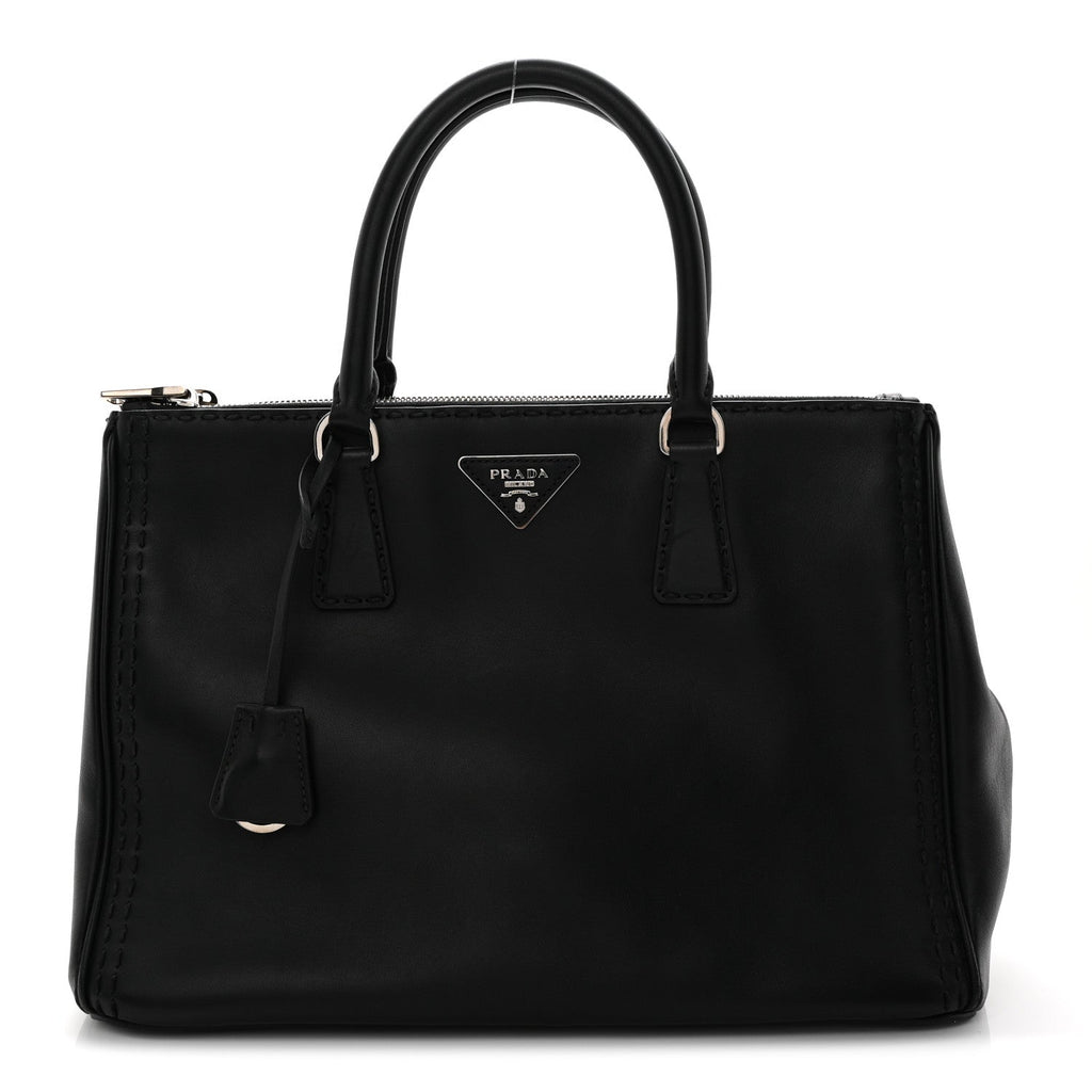 City Calf Hand Stitched Large Galleria Double Zip Tote Black