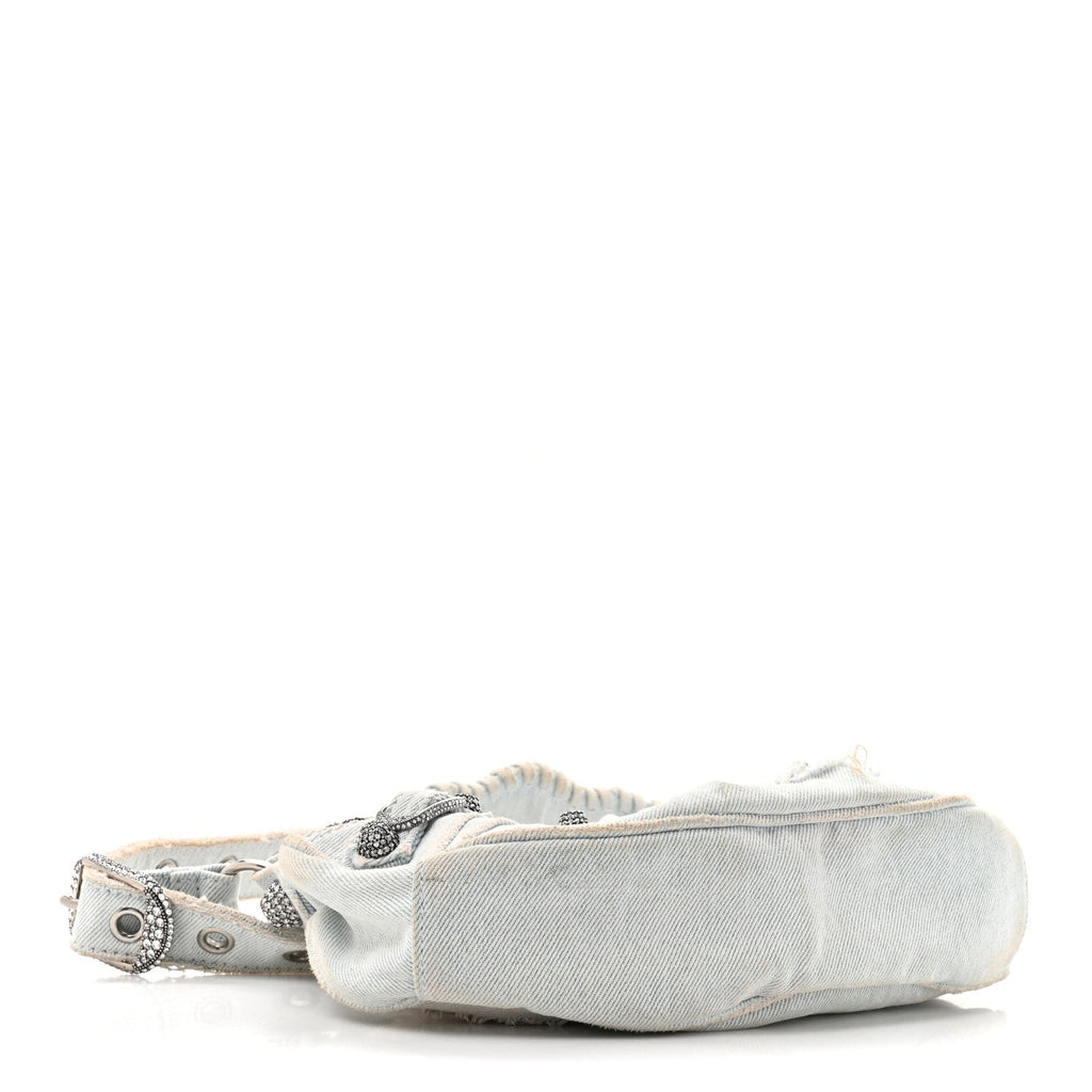 Washed Frayed Denim Crystal XS Le Cagole Shoulder Bag Pale Blue