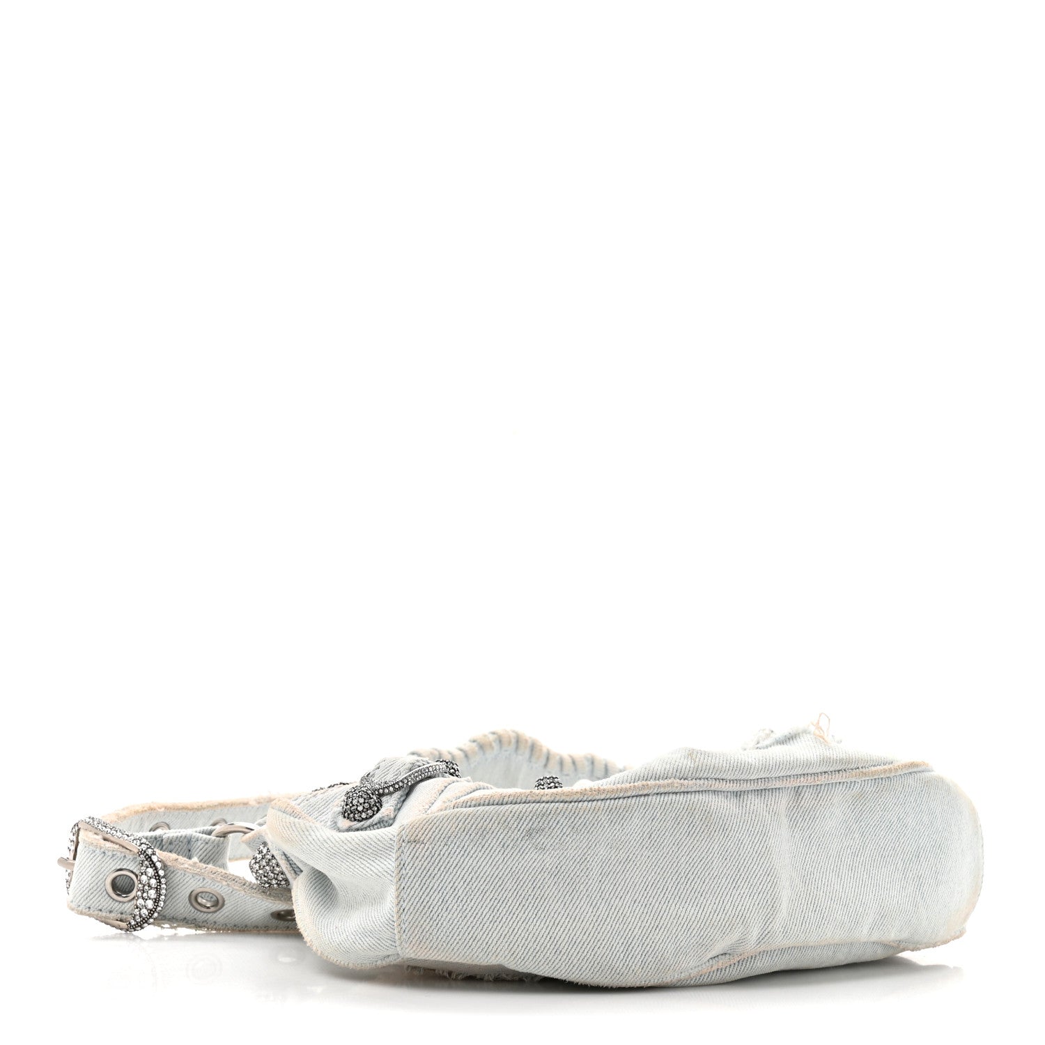Washed Frayed Denim Crystal XS Le Cagole Shoulder Bag Pale Blue