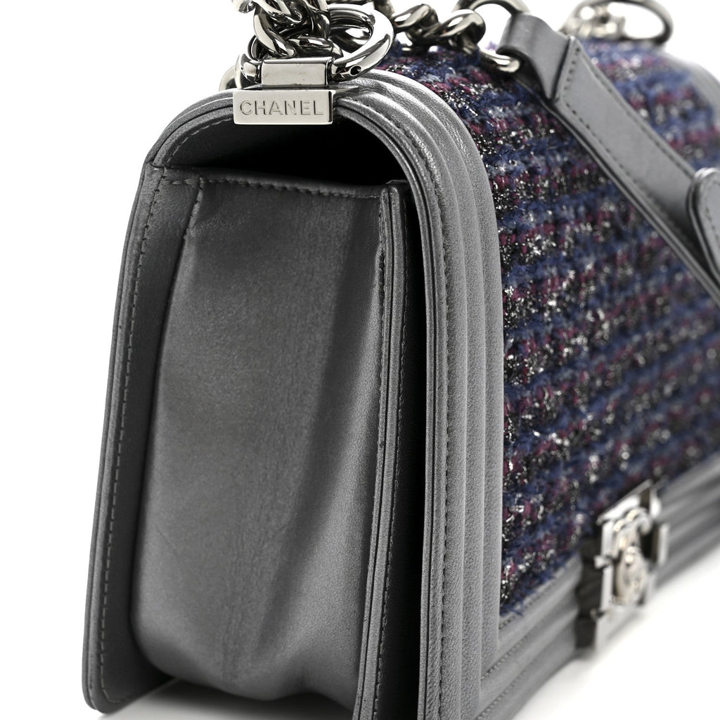 Tweed Metallic Lambskin Medium Boy Flap Silver