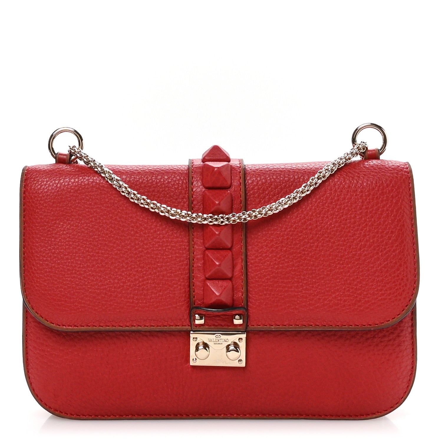 Pebbled Calfskin Monochrome Medium Glam Lock Rockstud Flap Rosso Valentino