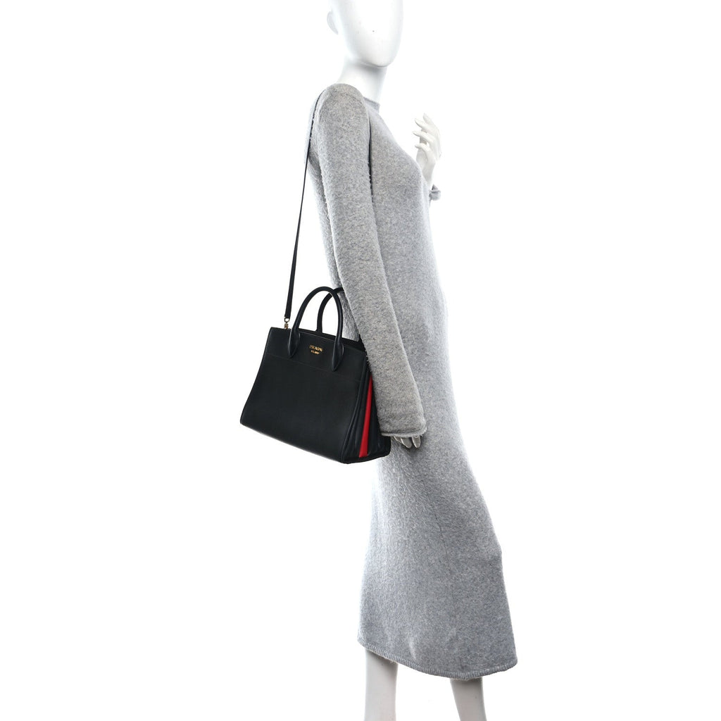 Saffiano City Calfskin Medium Bibliothèque Top Handle Black Fuoco