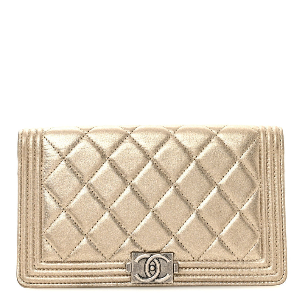 Metallic Lambskin Quilted Boy Yen Wallet Gold
