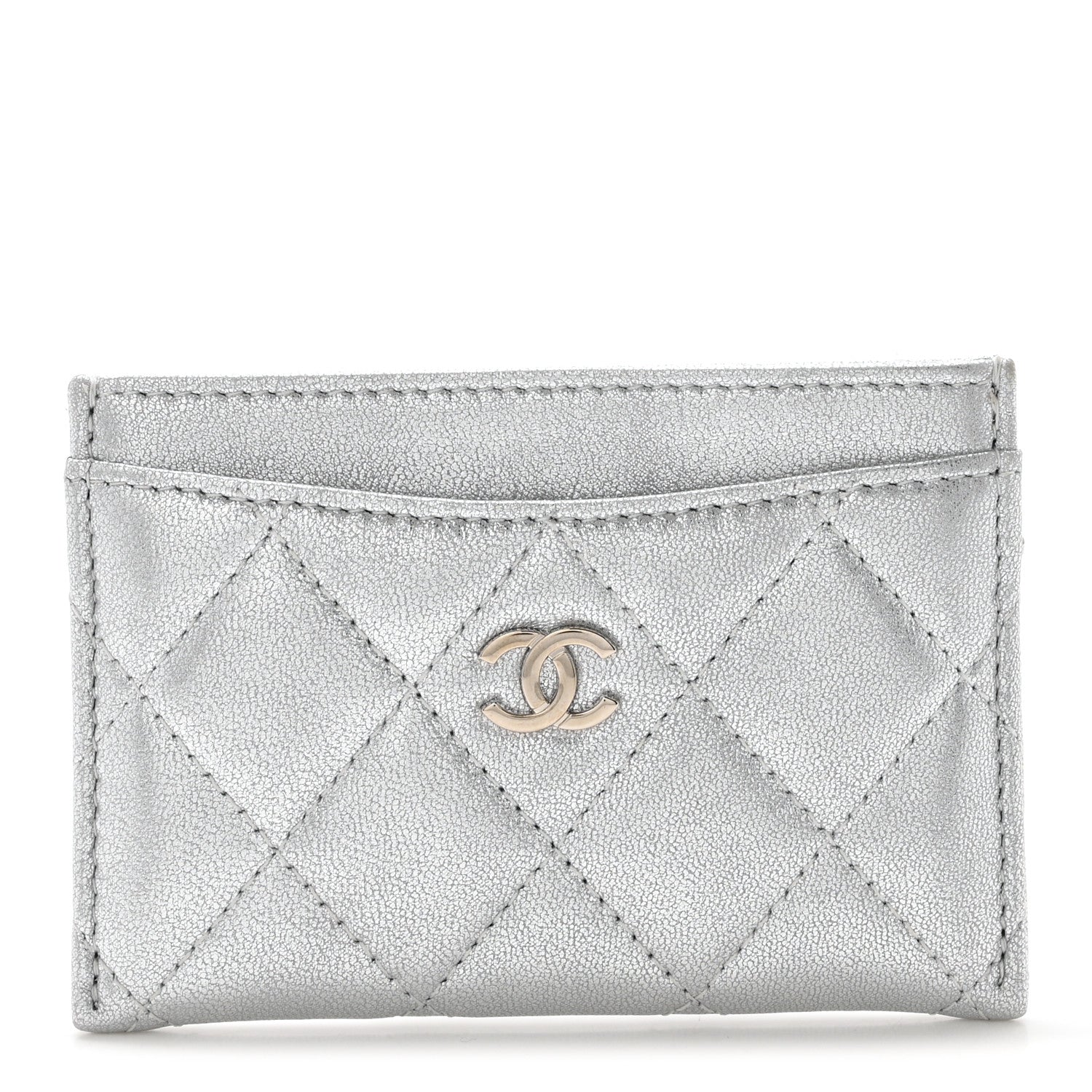 Metallic Lambskin Quilted CC  Holder Silver