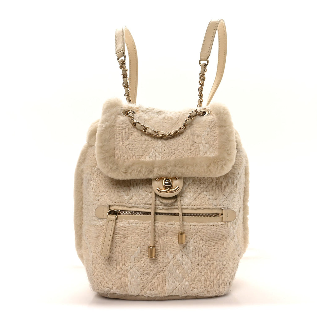 Tweed Shearling Quilted CC Backpack White